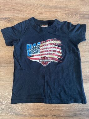 Harley-Davidson Black Tee with Red, White & Blue Flag Logo